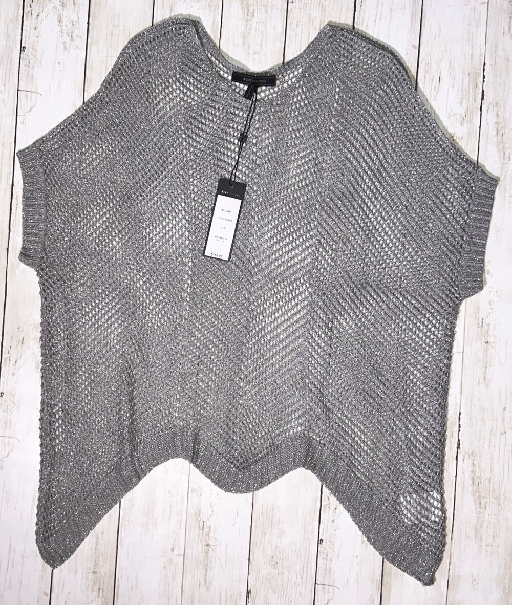 NWT BCBGMaxAzria Silver Metallic Crochet Poncho Sweater